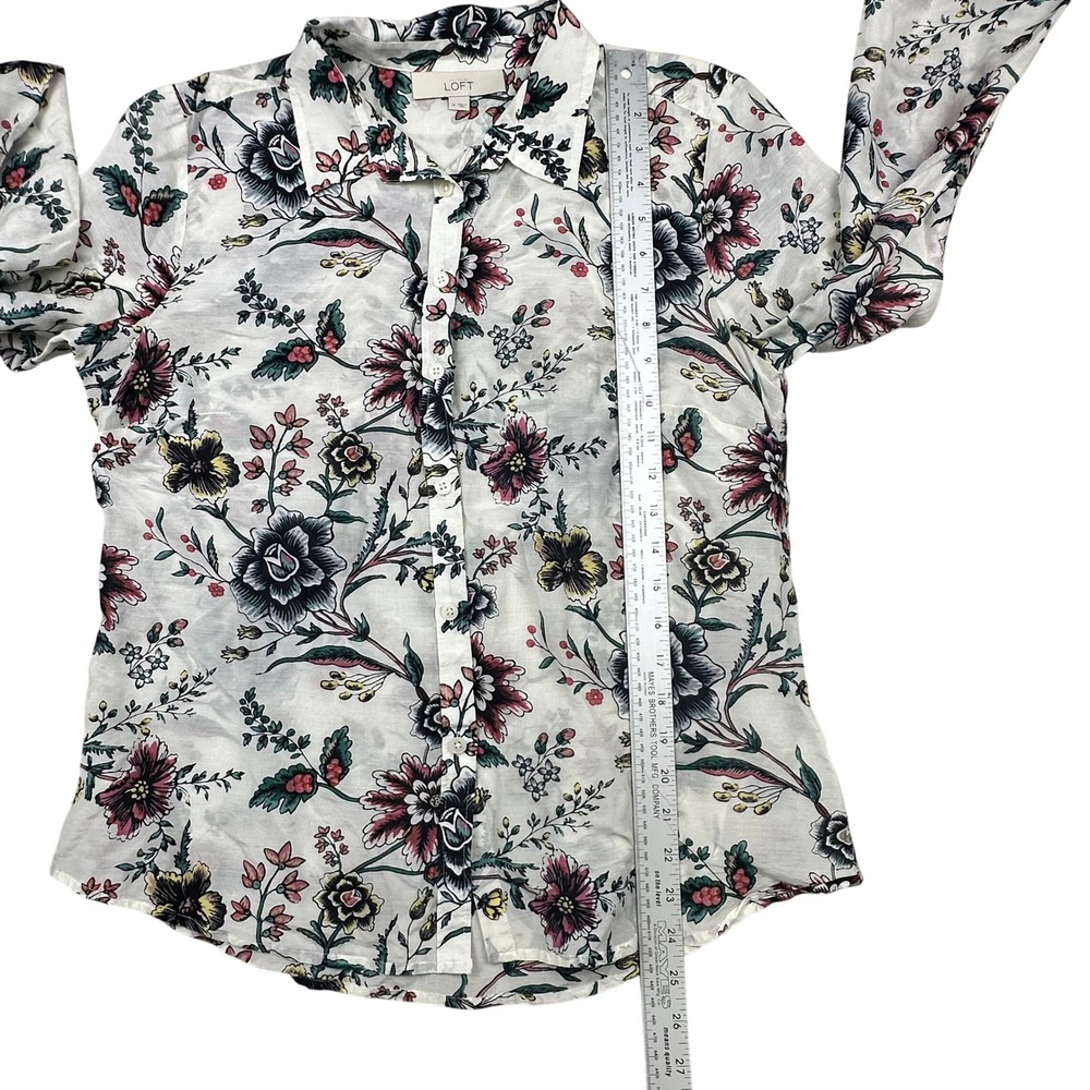 LOFT Womens White Floral Silk Cotton Blend‎ Button Down Shirt Long Sleeve Size M - Picture 9 of 15